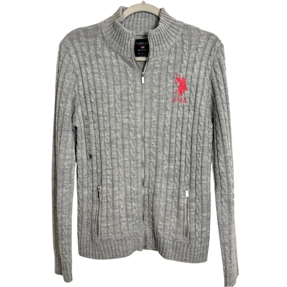U.S. Polo Assn. Gray Zip-Up Sweater Pink Embroidered Logo Women’s Large Preppy